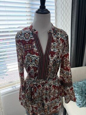 Tacera Cream Tunic Dress with Red and Teal Paisley Print